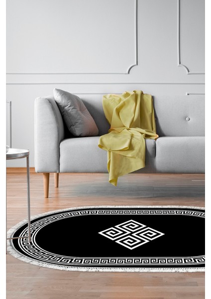 Dijital Salon Halısı Yıldız Deri Kaymaz Taban Saçaklı Oval Modern Kathryn Siyah