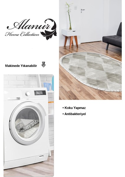 Dijital Salon Halısı Trend Keçe Kaymaz Taban Saçaklı Oval Iskandinav Amaris Bej