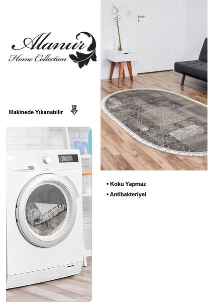 Dijital Salon Halısı Trend Keçe Kaymaz Taban Saçaklı Oval Iskandinav Page Kahve