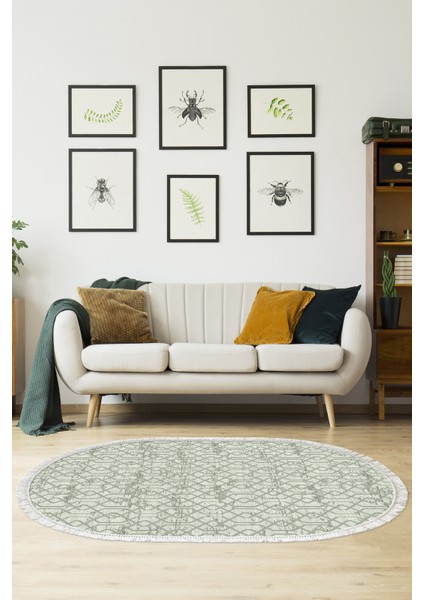 Dijital Salon Halısı Trend Keçe Kaymaz Taban Saçaklı Oval Modern Eliana Yeşil