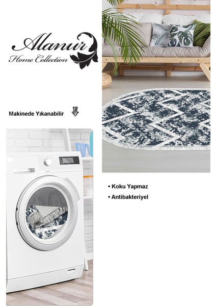 Dijital Salon Halısı Trend Keçe Kaymaz Taban Saçaklı Oval Iskandinav Roxanne Mavi