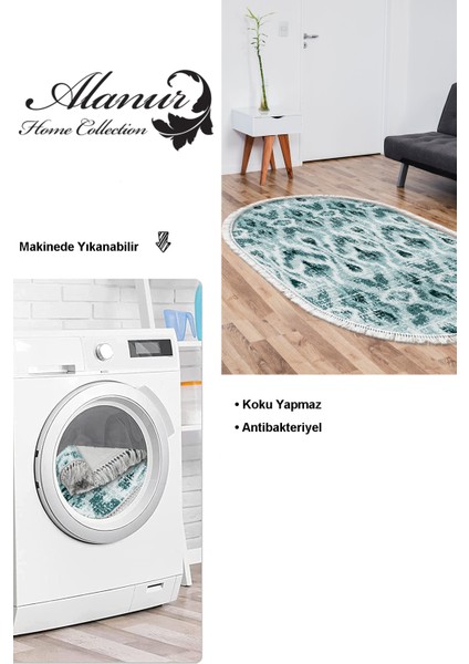 Dijital Salon Halısı Trend Keçe Kaymaz Taban Saçaklı Oval Iskandinav Annika Turkuaz
