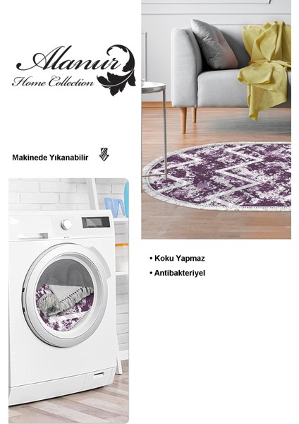 Dijital Salon Halısı Trend Keçe Kaymaz Taban Saçaklı Oval Iskandinav Roxanne Mor