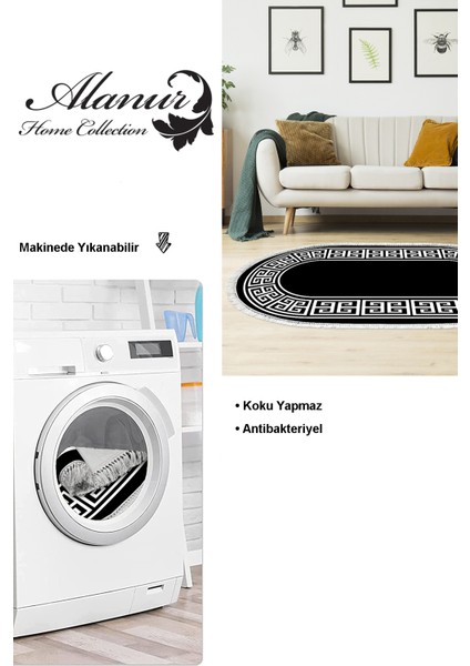 Dijital Salon Halısı Trend Keçe Kaymaz Taban Saçaklı Oval Modern Penelope Siyah modelleri