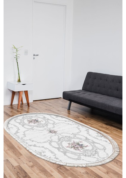 Dijital Salon Halısı Trend Keçe Kaymaz Taban Saçaklı Oval Modern Anabelle Gri
