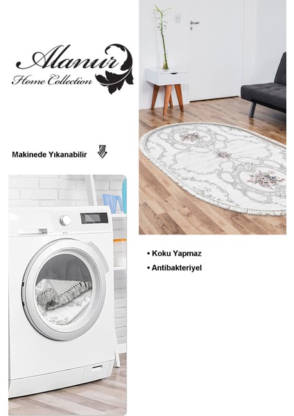 Dijital Salon Halısı Trend Keçe Kaymaz Taban Saçaklı Oval Modern Anabelle Gri