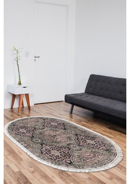 Dijital Salon Halısı Trend Keçe Kaymaz Taban Saçaklı Oval Modern Osana Pudra