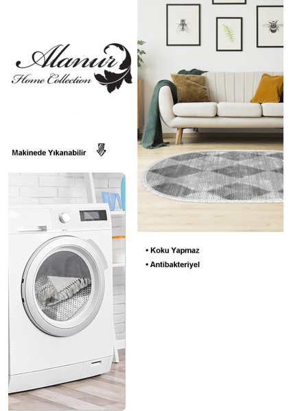 Dijital Salon Halısı Trend Keçe Kaymaz Taban Saçaklı Oval Iskandinav Amaris Gri