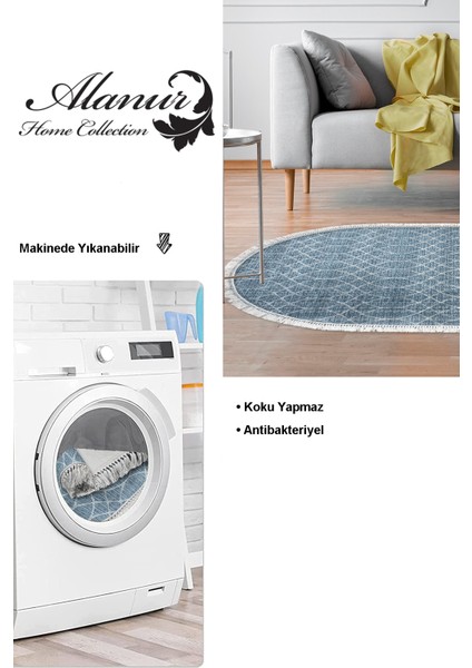 Dijital Salon Halısı Trend Keçe Kaymaz Taban Saçaklı Oval Iskandinav Celestine Lacivert