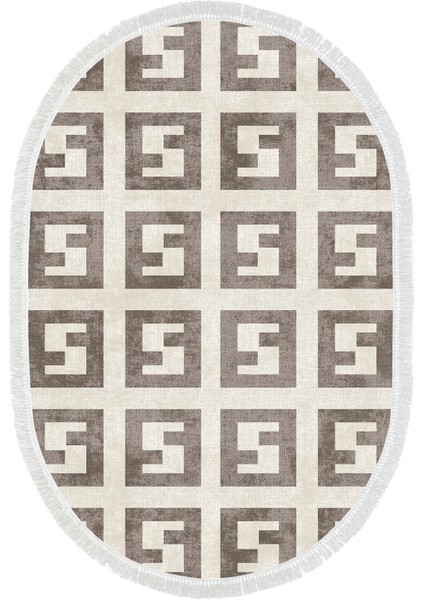 Dijital Salon Halısı Trend Keçe Kaymaz Taban Saçaklı Oval Modern Tess Bej fiyatları