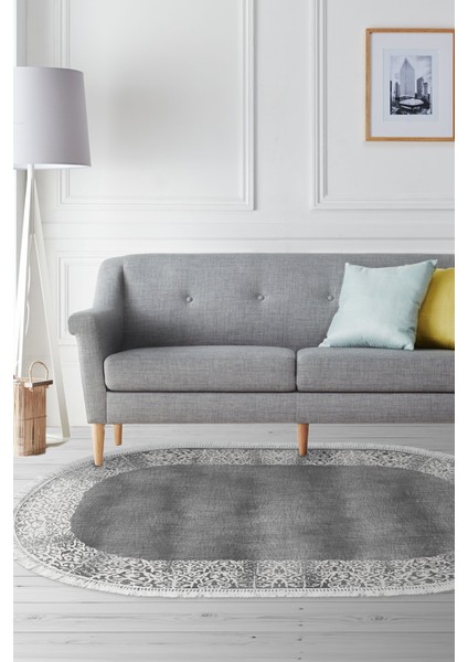 Dijital Salon Halısı Yıldız Deri Kaymaz Taban Saçaklı Oval Modern Sequoia Gri