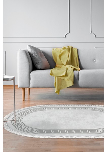 Dijital Salon Halısı Trend Keçe Kaymaz Taban Saçaklı Oval Modern Cassietta Gri