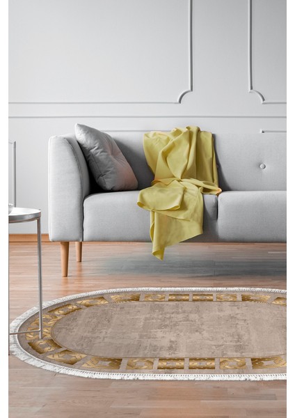 Dijital Salon Halısı Trend Keçe Kaymaz Taban Saçaklı Oval Modern Twyla Camel
