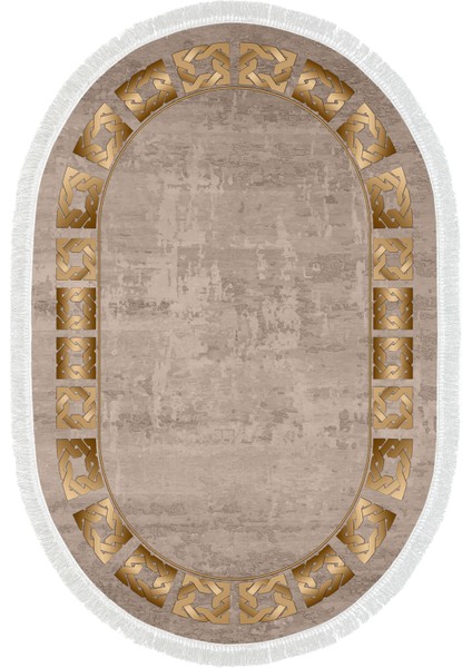 Dijital Salon Halısı Trend Keçe Kaymaz Taban Saçaklı Oval Modern Twyla Camel