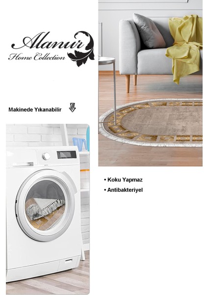 Dijital Salon Halısı Trend Keçe Kaymaz Taban Saçaklı Oval Modern Twyla Camel