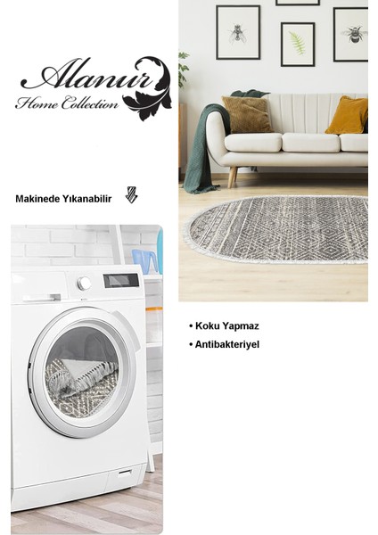 Dijital Salon Halısı Trend Keçe Kaymaz Taban Saçaklı Oval Iskandinav Liz Gri
