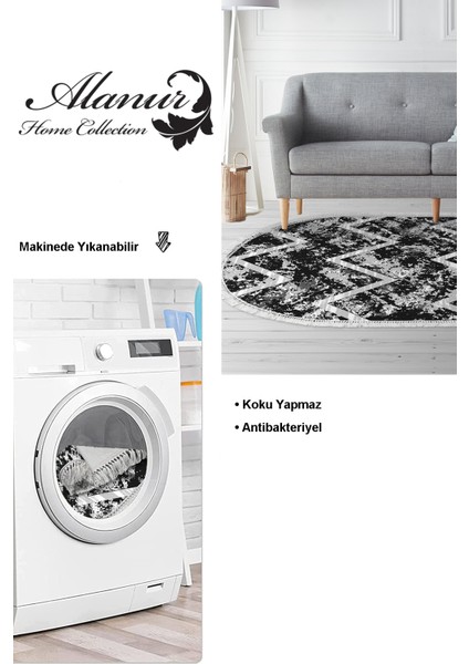 Dijital Salon Halısı Trend Keçe Kaymaz Taban Saçaklı Oval Iskandinav Roxanne Siyah modelleri