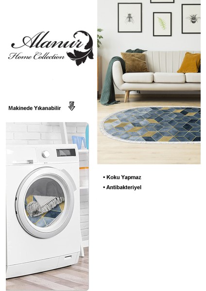 Dijital Salon Halısı Trend Keçe Kaymaz Taban Saçaklı Oval Iskandinav Stephania Mavi