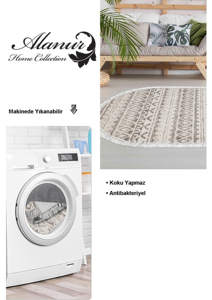 Dijital Salon Halısı Trend Keçe Kaymaz Taban Saçaklı Oval Iskandinav Mali Açık Kahve