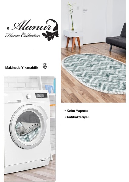 Dijital Salon Halısı Trend Keçe Kaymaz Taban Saçaklı Oval Iskandinav Renata Yeşil modelleri