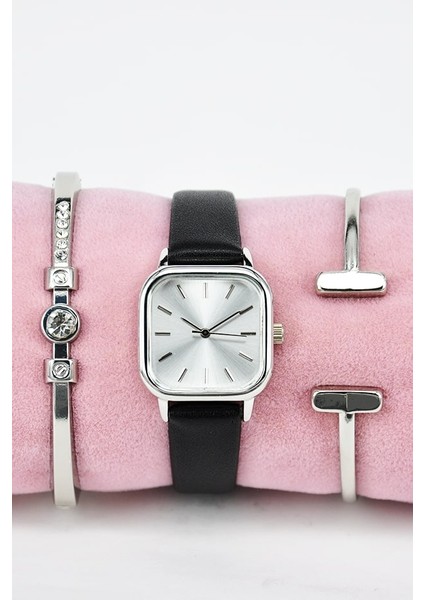Siyah Yumuşak Deri Kordonlu Gümüş Kasa Şık Kadın Kol Saati & Yanındaki Bileklikler SU-857