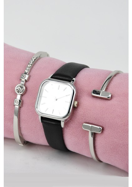 Siyah Yumuşak Deri Kordonlu Gümüş Kasa Şık Kadın Kol Saati & Yanındaki Bileklikler SU-857 fiyatları
