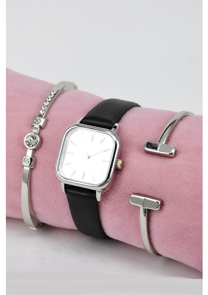 Siyah Yumuşak Deri Kordonlu Gümüş Kasa Şık Kadın Kol Saati & Yanındaki Bileklikler SU-857 modelleri