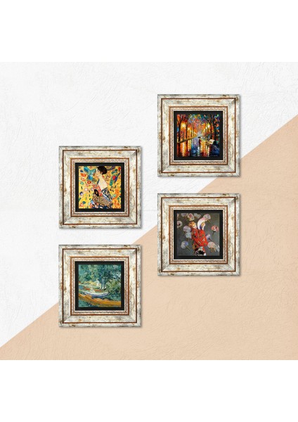 Van Gogh, Gustav Klimt, Claude Monet, Fenerler Tablosu Taş Duvar Tablosu Çerçeveli Duvar Dekoru 4 Parça Tablo Seti Wall Art T4-19