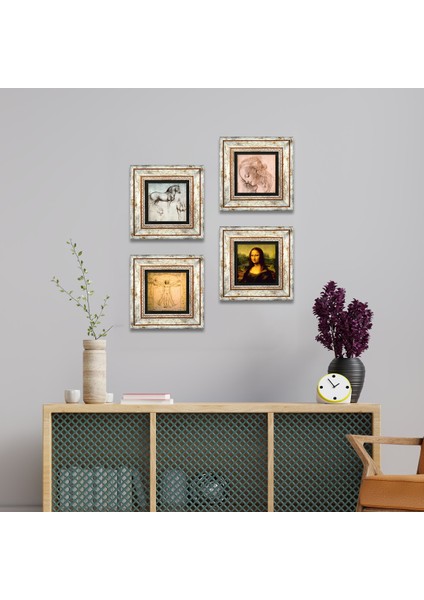 Stone Leonardo da Vinci Çerçeveli Taş Duvar Tablosu 4’lü Set - Dekoratif Modern Sanat, Ev ve Ofis Dekoru |TK4-08|