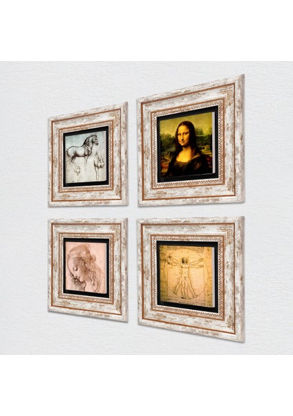 Stone Leonardo da Vinci Çerçeveli Taş Duvar Tablosu 4’lü Set - Dekoratif Modern Sanat, Ev ve Ofis Dekoru |TK4-08| fiyatları