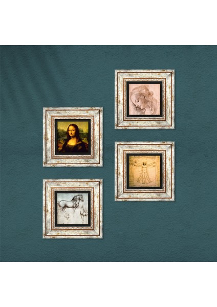 Stone Leonardo da Vinci Çerçeveli Taş Duvar Tablosu 4’lü Set - Dekoratif Modern Sanat, Ev ve Ofis Dekoru |TK4-08| fırsatları