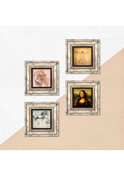Stone Leonardo da Vinci Çerçeveli Taş Duvar Tablosu 4’lü Set - Dekoratif Modern Sanat, Ev ve Ofis Dekoru |TK4-08| indirimleri