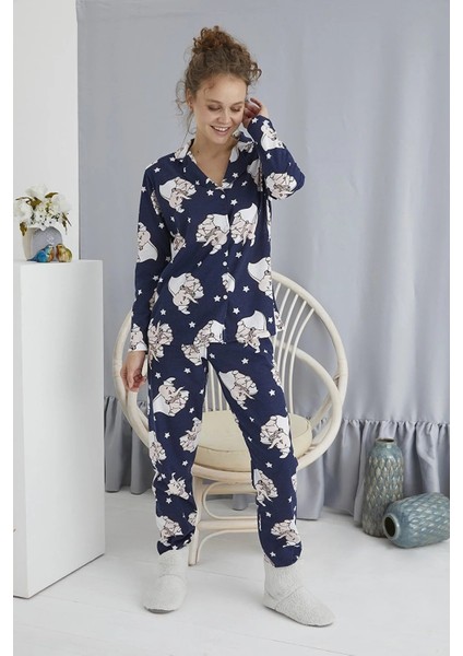 Kadın Düğmeli Desenli Pijama Takımı Boydan Düğmeli Takım