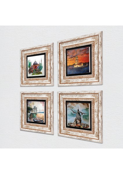 İstanbul Ayasofya, Galata Kulesi, Kız Kulesi, Ortaköy Çerçeveli Taş Duvar Tablosu 4’lü Set - Dekoratif Modern Sanat, Ev ve Ofis Dekoru |TK4-23| fiyatları