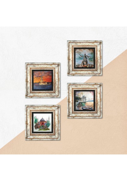 İstanbul Ayasofya, Galata Kulesi, Kız Kulesi, Ortaköy Çerçeveli Taş Duvar Tablosu 4’lü Set - Dekoratif Modern Sanat, Ev ve Ofis Dekoru |TK4-23| indirimleri