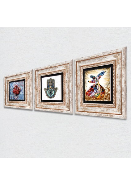 Semazen, Nar, Fatma Ana Eli (Hamsa) Taş Duvar Tablosu Çerçeveli Duvar Dekoru 3 Parça Tablo Seti Wall Art T3-08