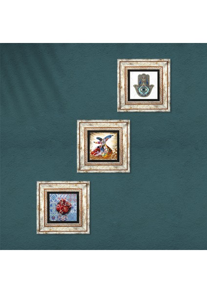 Semazen, Nar, Fatma Ana Eli (Hamsa) Taş Duvar Tablosu Çerçeveli Duvar Dekoru 3 Parça Tablo Seti Wall Art T3-08