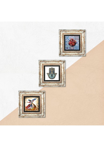 Semazen, Nar, Fatma Ana Eli (Hamsa) Taş Duvar Tablosu Çerçeveli Duvar Dekoru 3 Parça Tablo Seti Wall Art T3-08