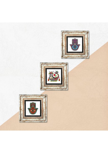 Fatma Ana Eli (Hamsa), Şahmeran Çerçeveli Taş Duvar Tablosu 3’lü Set - Dekoratif Modern Sanat, Ev ve Ofis Dekoru |TK3-28| indirimleri
