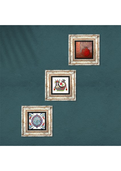 Stone Şahmeran, Nar, Çini Sanatı Çerçeveli Taş Duvar Tablosu 3’lü Set - Dekoratif Modern Sanat, Ev ve Ofis Dekoru |TK3-30| fırsatları
