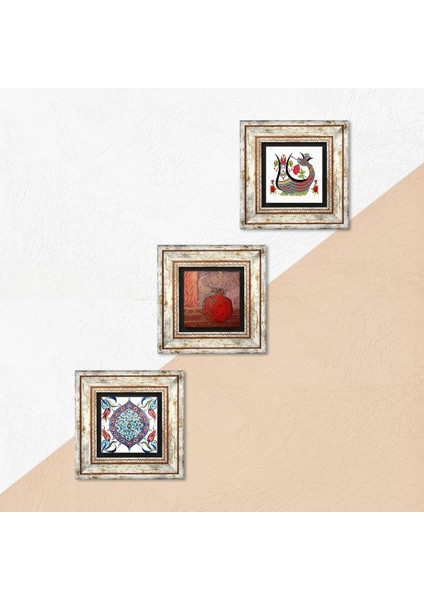 Stone Şahmeran, Nar, Çini Sanatı Çerçeveli Taş Duvar Tablosu 3’lü Set - Dekoratif Modern Sanat, Ev ve Ofis Dekoru |TK3-30| indirimleri