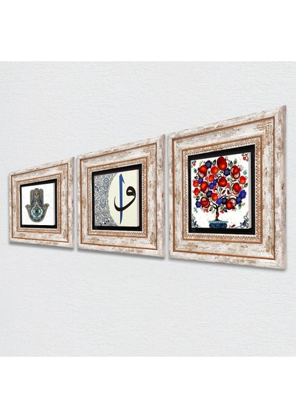Elif-Vav, Nar Ağacı, Fatma Ana Eli (Hamsa) Çerçeveli Taş Duvar Tablosu 3’lü Set - Dekoratif Modern Sanat, Ev ve Ofis Dekoru |TK3-14| fiyatları