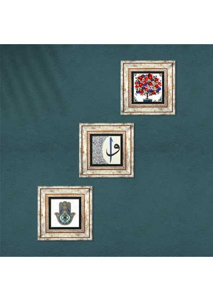 Elif-Vav, Nar Ağacı, Fatma Ana Eli (Hamsa) Çerçeveli Taş Duvar Tablosu 3’lü Set - Dekoratif Modern Sanat, Ev ve Ofis Dekoru |TK3-14| fırsatları