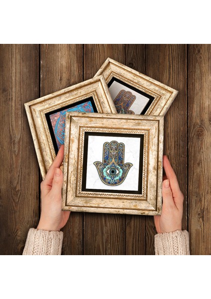 Elif-Vav, Nar Ağacı, Fatma Ana Eli (Hamsa) Çerçeveli Taş Duvar Tablosu 3’lü Set - Dekoratif Modern Sanat, Ev ve Ofis Dekoru |TK3-14| modelleri