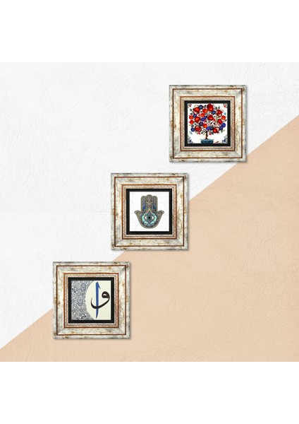 Elif-Vav, Nar Ağacı, Fatma Ana Eli (Hamsa) Çerçeveli Taş Duvar Tablosu 3’lü Set - Dekoratif Modern Sanat, Ev ve Ofis Dekoru |TK3-14| indirimleri