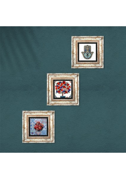 Nar, Nar Ağacı, Fatma Ana Eli (Hamsa) Taş Duvar Tablosu Çerçeveli Duvar Dekoru 3 Parça Tablo Seti Wall Art T3-03