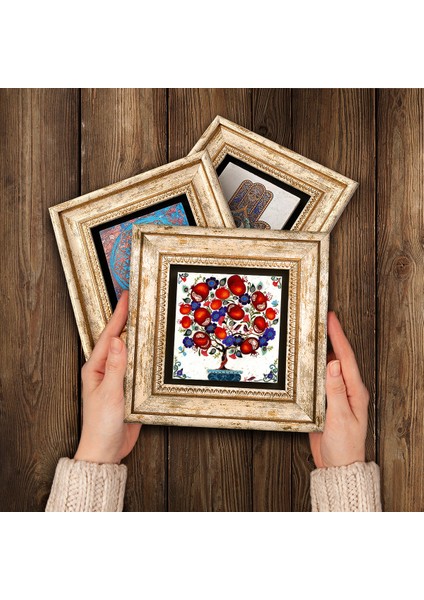 Nar, Nar Ağacı, Fatma Ana Eli (Hamsa) Taş Duvar Tablosu Çerçeveli Duvar Dekoru 3 Parça Tablo Seti Wall Art T3-03
