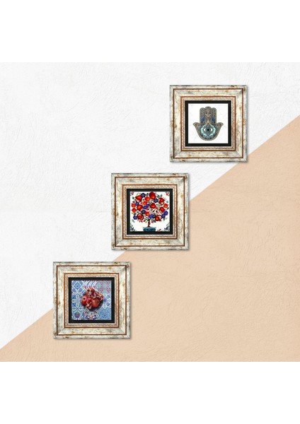 Nar, Nar Ağacı, Fatma Ana Eli (Hamsa) Taş Duvar Tablosu Çerçeveli Duvar Dekoru 3 Parça Tablo Seti Wall Art T3-03