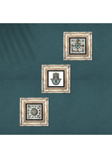 Çini Sanatı, Fatma Ana Eli (Hamsa) Taş Duvar Tablosu Çerçeveli Duvar Dekoru 3 Parça Tablo Seti Wall Art T3-21 fırsatları