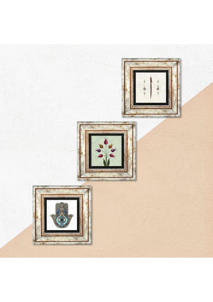Stone Lale Ebru Sanatı, Elif, Fatma Ana Eli (Hamsa) Çerçeveli Taş Duvar Tablosu 3’lü Set - Dekoratif Modern Sanat, Ev ve Ofis Dekoru |TK3-32| indirimleri